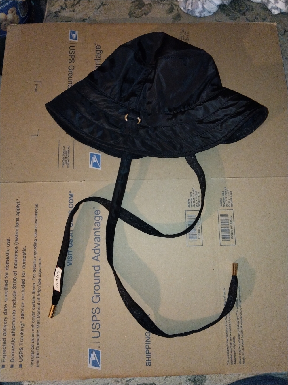 Gucci Black Satin Bucket Hat with Gold Accent Chin Ties